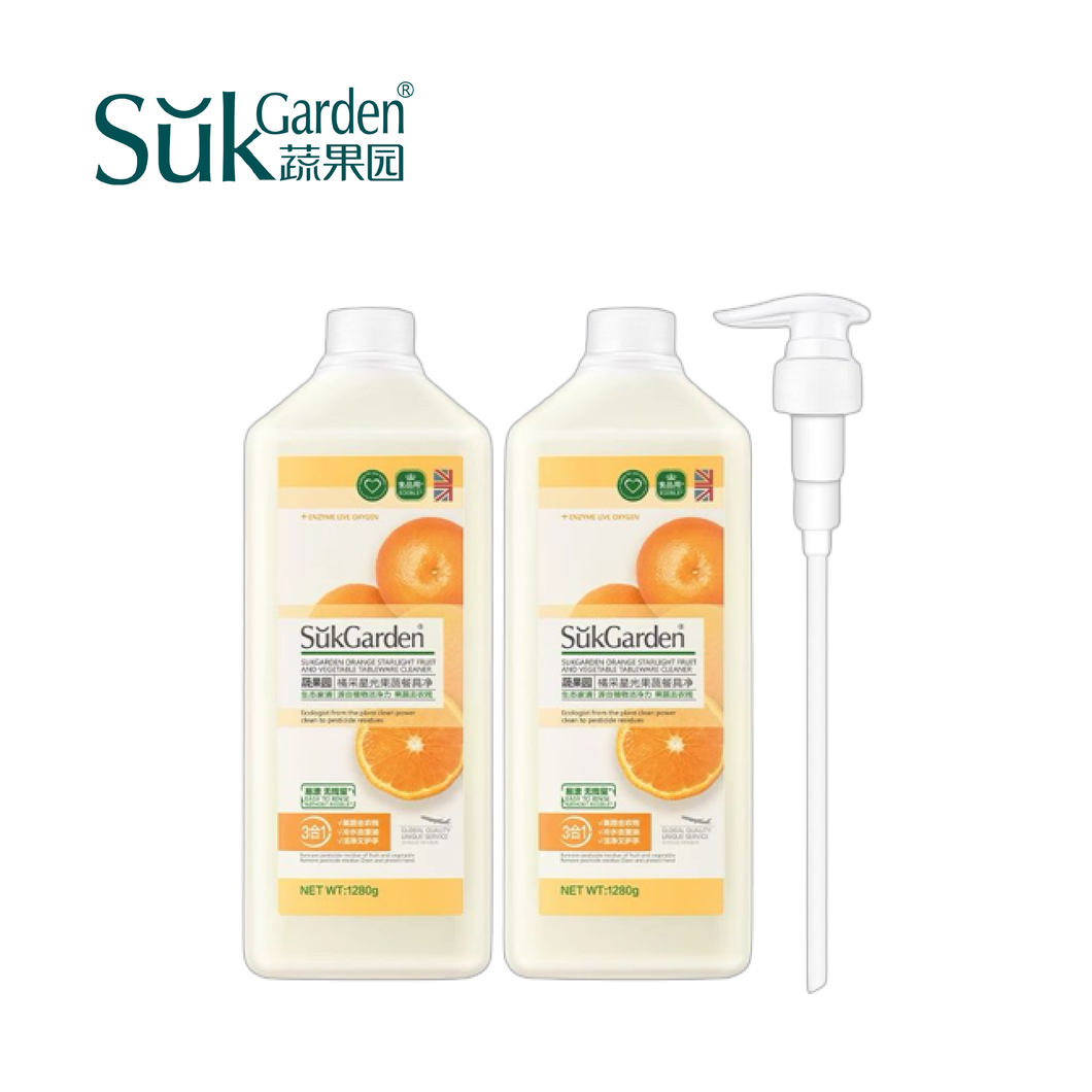 SukGarden Dishwashing Detergent Liquid 1.28kg (Household Food Grade | Vegetable & Fruit | Baby Tableware Washable) Orange, Lemon, Apple, Gooseberry Fragrance 蔬果园果蔬餐具净 1.28kg/瓶