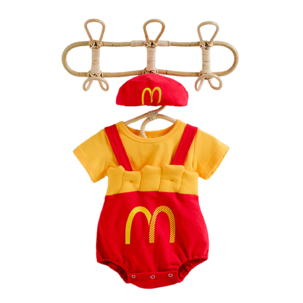3pcs MCD Set Infant Bodysuit Cotton Baby Boy Girls T-shirt French Fries Style Photography Clothing with McDonalds Hat (White shirt/ Yellow shirt）  短袖T-Shirt 麦当劳+帽子 三件套 （黄色/白色）