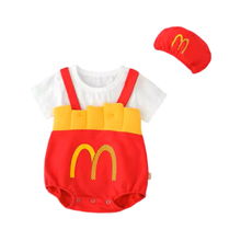 Load image into Gallery viewer, 3pcs MCD Set Infant Bodysuit Cotton Baby Boy Girls T-shirt French Fries Style Photography Clothing with McDonalds Hat (White shirt/ Yellow shirt）  短袖T-Shirt 麦当劳+帽子 三件套 （黄色/白色）
