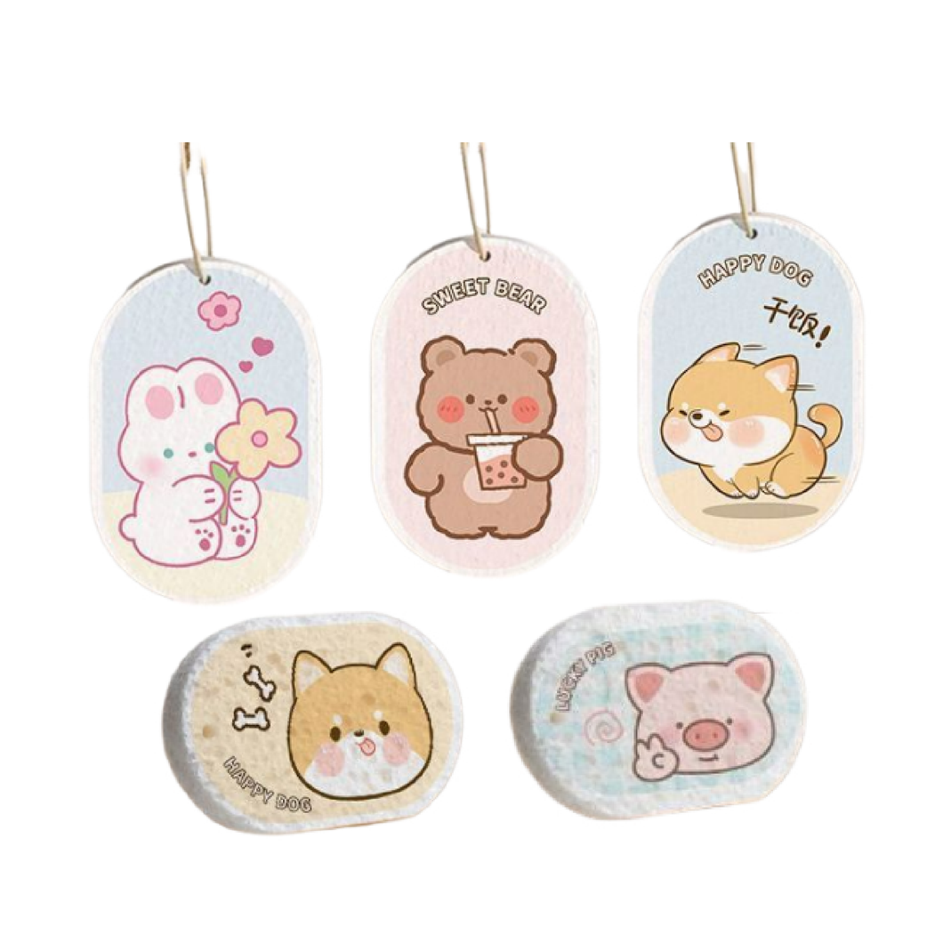 [10 Pieces for $8.9] Cute Cartoon Dishwashing Sponge Wipes Compressed Wood Pulp Oil Removal Cleaning (Randomly Designs) Melody, Bear, Rabbit, Dog, Flowers