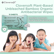 Load image into Gallery viewer, Cloversoft Unbleached Bamboo Organic Antibacterial Wipes, Efficacy tested, 15 sheets/pack
