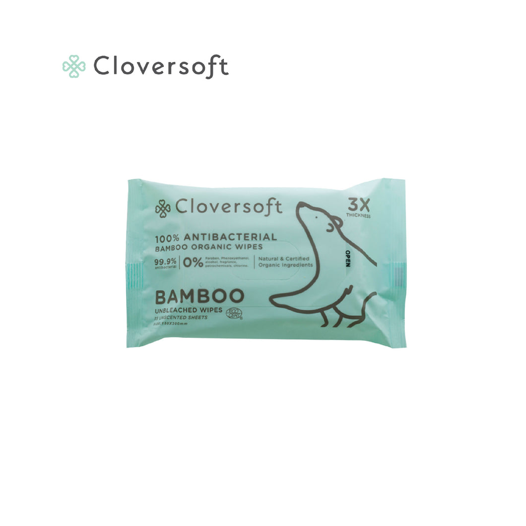 Cloversoft Unbleached Bamboo Organic Antibacterial Wipes, Efficacy tested, 15 sheets/pack