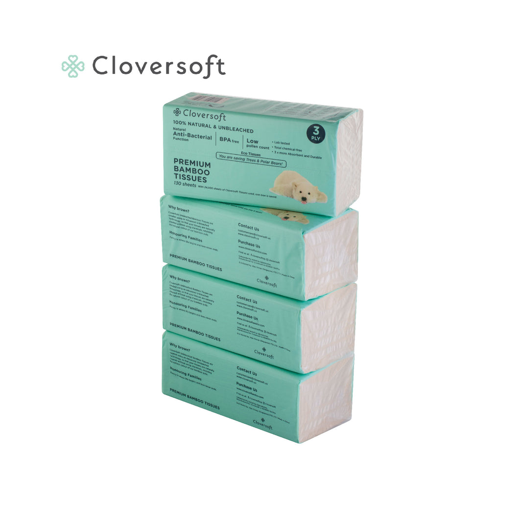 [Bundle of 4s] Cloversoft 3 Ply Unbleached Bamboo Facial Tissue, 130 Sheets/pack (Suitable for sensitive skins)