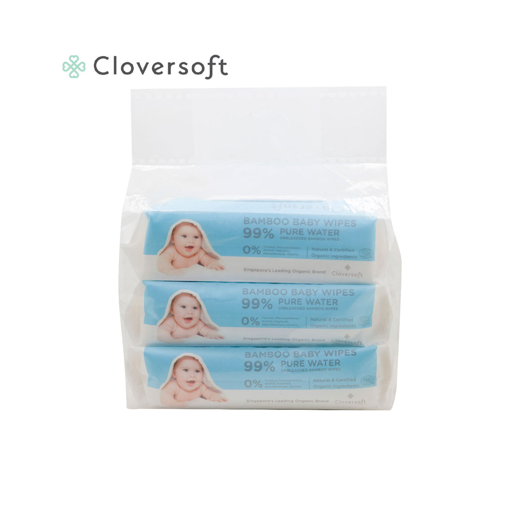 [Bundle of 3s] Cloversoft Unbleached Bamboo Organic Pure Water Baby Wipes, 70 sheets/pack