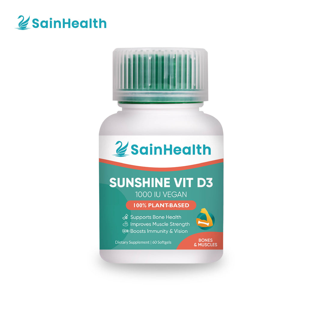 SainHealth Sunshine Vit D3 1000IU Vegan (100% Plant-based), 60 Softgels
